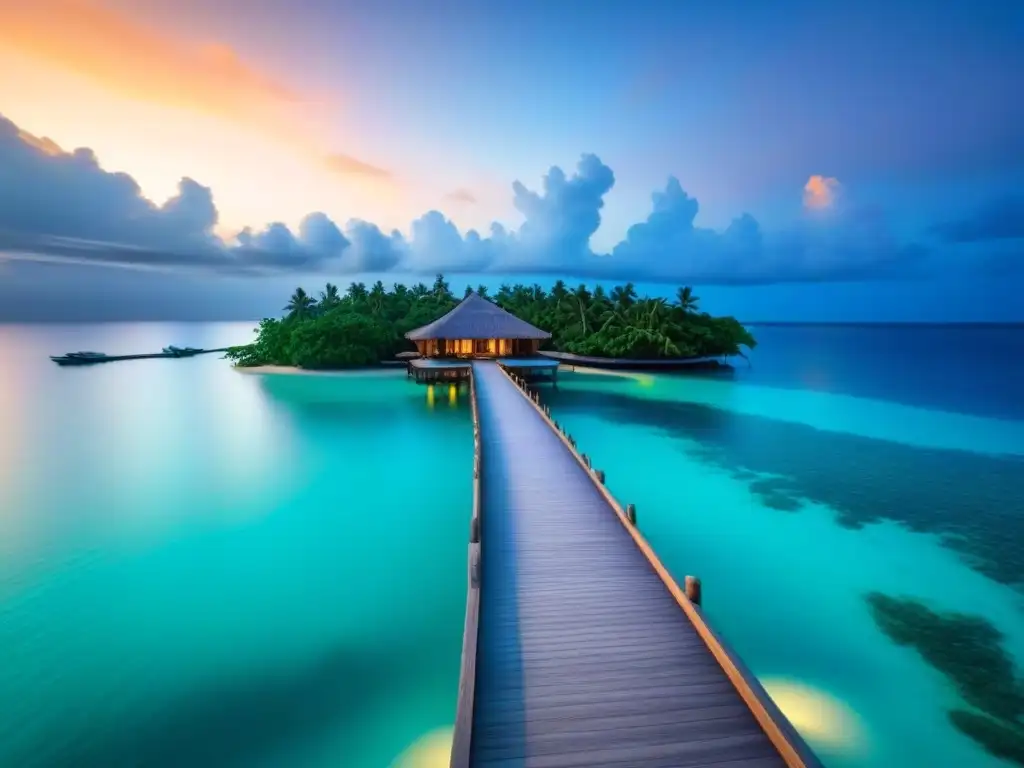 Resort de lujo en isla privada: villas sobre el agua al atardecer Inversiones en islas privadas internacionales: lujoso resort en isla privada con villas sobre el agua, aguas turquesas y atardecer dorado