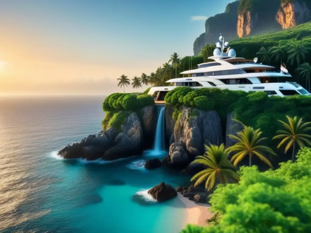 Inversiones en islas privadas internacionales: villa moderna en acantilado con aguas turquesa y yate al atardecer