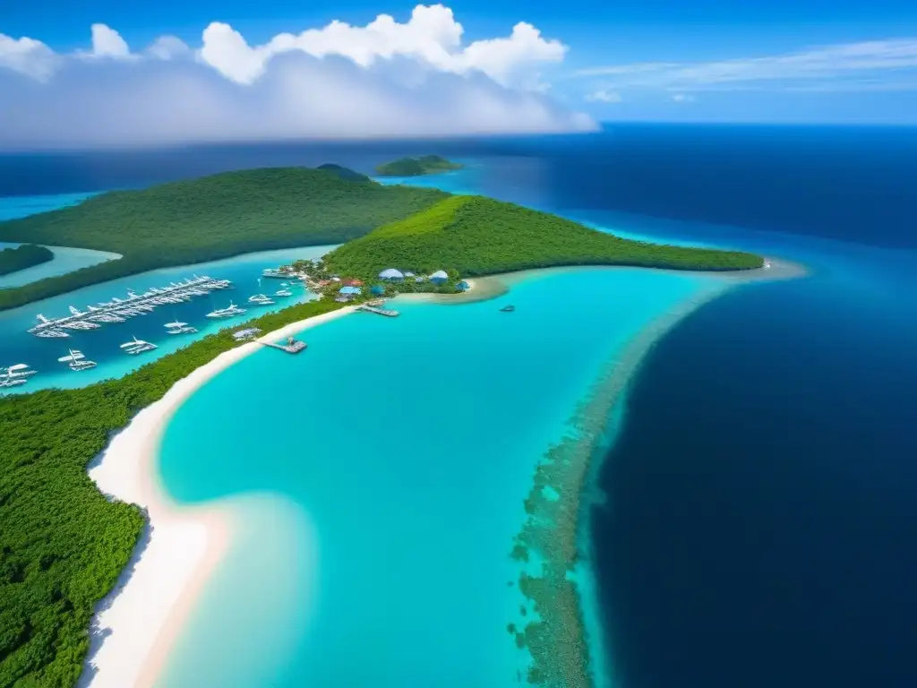 Paraíso exclusivo: isla privada de lujo en aguas turquesas Inversiones islas privadas: una isla privada lujosa rodeada de aguas turquesas, villas de lujo y un puerto con yates bajo un cielo azul