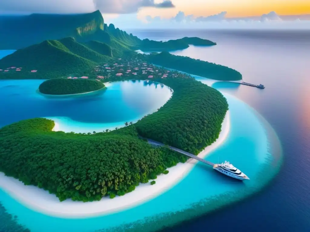 Paraíso exclusivo: isla privada de lujo al atardecer Inversiones islas privadas multimillonarios: Lujo en isla privada al atardecer, con villas, helipuerto y aguas turquesas