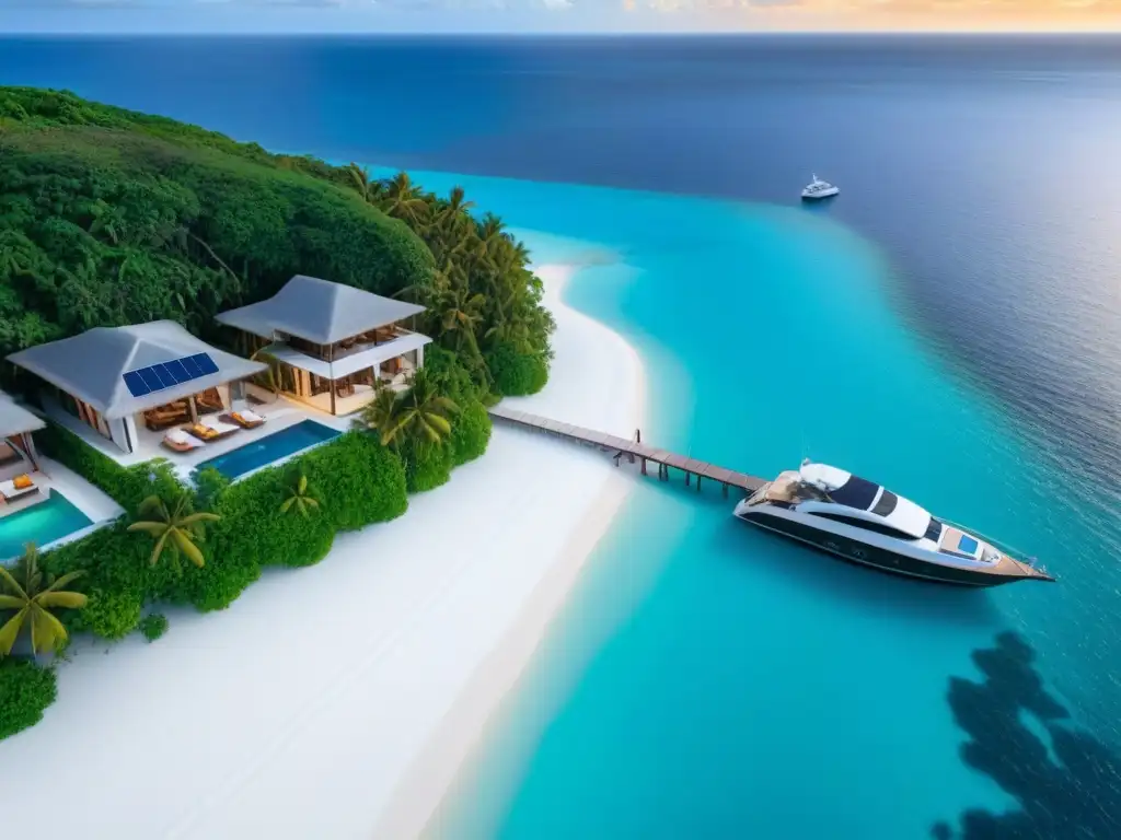 Paraíso privado sostenible con villas de lujo y atardecer dorado Inversiones islas privadas: pareja cena romántica, yate cerca de lujosas villas sostenibles en isla privada al atardecer