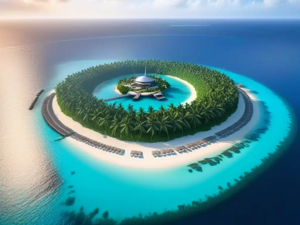 Isla privada de lujo: villas modernas, aguas turquesas y helicóptero Inversiones en islas privadas: isla privada con villas lujosas, helicóptero y atardecer dorado