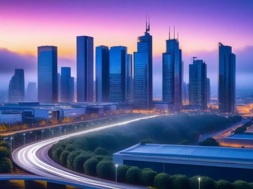 Horizonte urbano moderno y vibrante al atardecer Inversiones a largo plazo en bienes raíces comerciales: un atardecer vibrante en la ciudad moderna