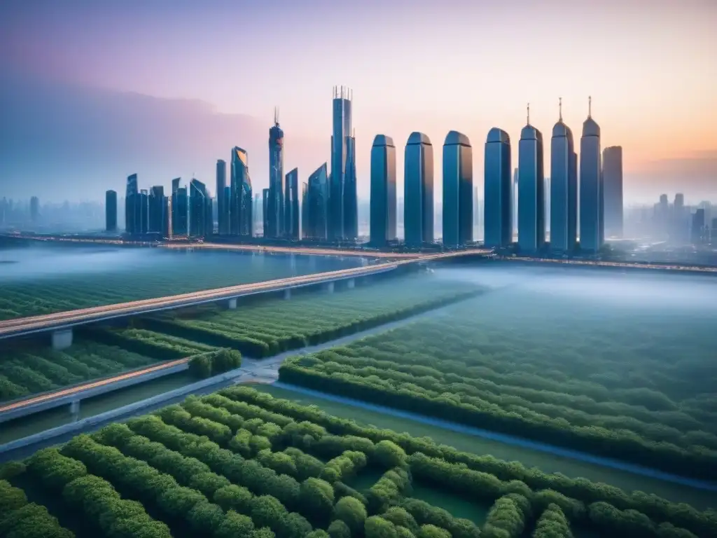 Metrópolis futurista: inversión local tras fusión inmobiliaria Inversiones locales post fusión inmobiliaria: Ciudad futurista al anochecer con rascacielos, transporte avanzado y espacios verdes integrados