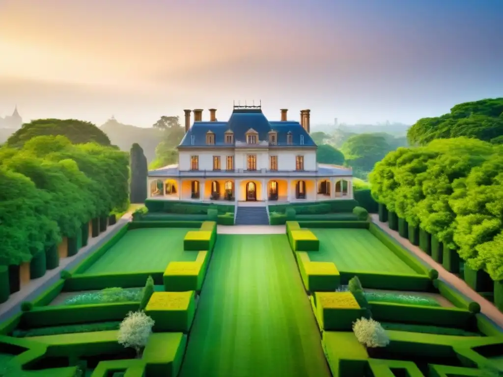 Espléndida mansión histórica rodeada de jardines verdes y skyline moderno Inversiones en mansiones históricas: majestuosa mansión rodeada de jardines verdes, con skyline moderno al fondo
