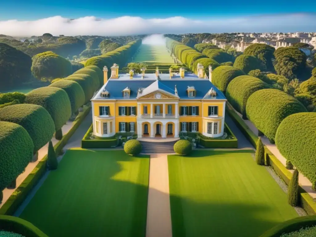 Esplendor histórico: mansión de lujo en jardines exuberantes Inversiones en mansiones históricas: Majestuosa mansión rodeada de exuberantes jardines verdes bajo un cielo azul claro