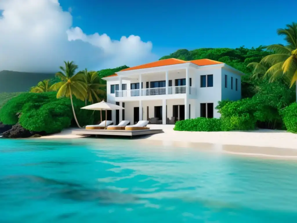 Villa de lujo frente al mar en el Caribe: arquitectura moderna y vistas impresionantes Inversiones en mercado inmobiliario caribeño: lujosa villa frente al mar con diseño moderno, vistas al mar y exuberante vegetación tropical