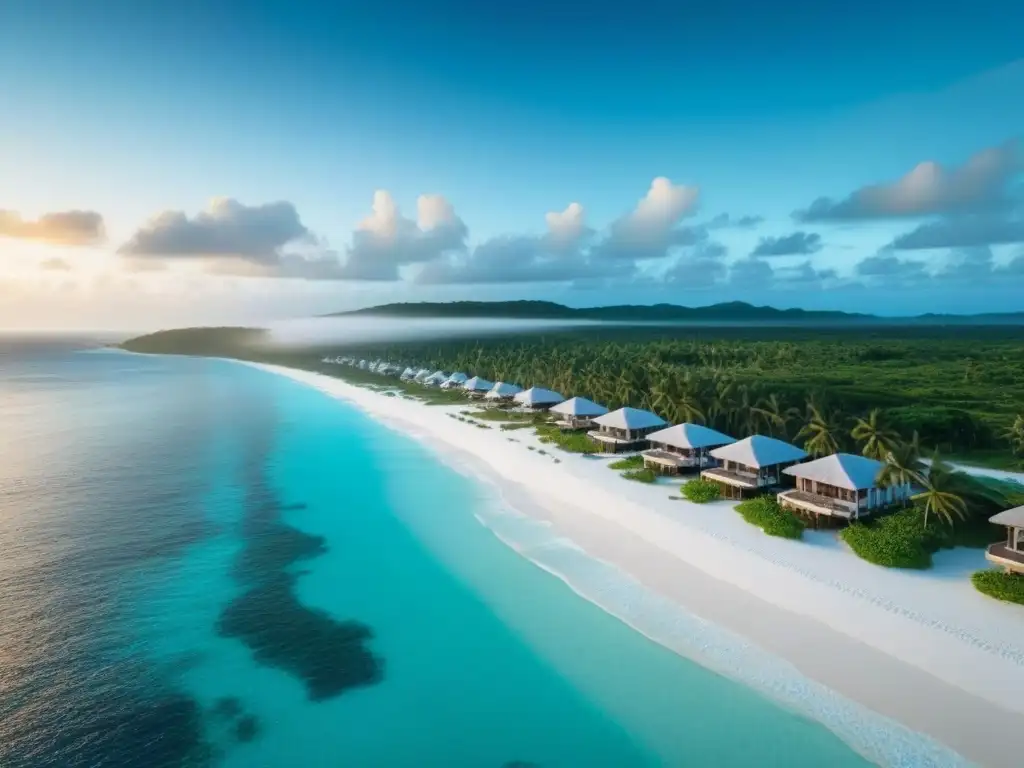 Inversión en paraíso caribeño: playa de arena blanca y aguas turquesas Inversiones en mercado inmobiliario caribeño: Atardecer en playa caribeña con aguas turquesas y villas de lujo