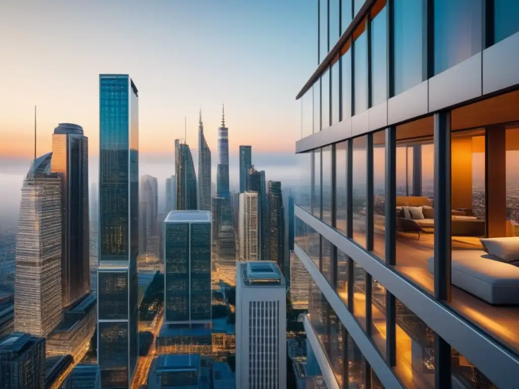 Inversión inmobiliaria global: ciudad vibrante de rascacielos Inversiones en mercado inmobiliario internacional: Vista impresionante de una ciudad moderna llena de rascacielos