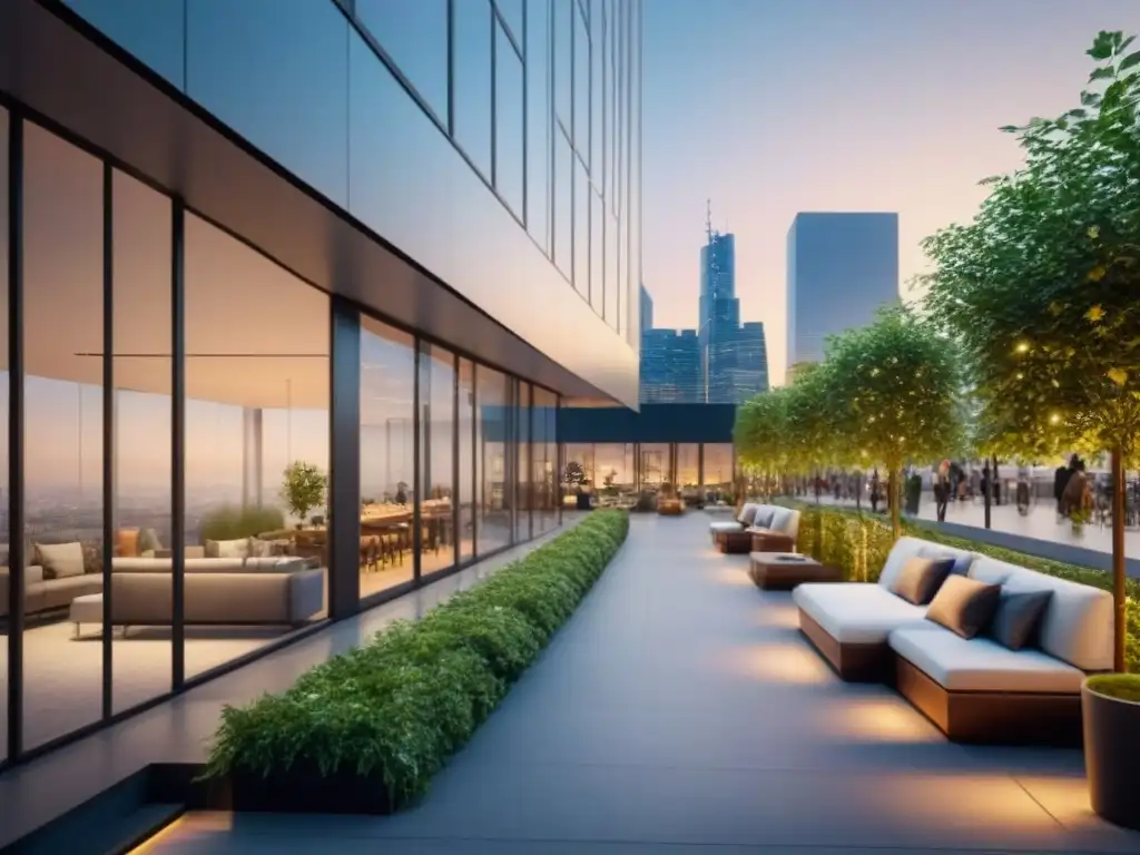 Edificio de oficinas moderno con vista urbana al atardecer Inversiones en mercado inmobiliario internacional: Edificio moderno con vista a la ciudad al atardecer y áreas verdes