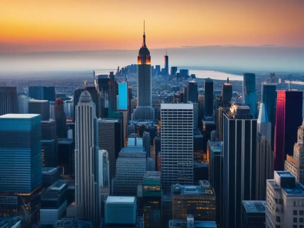 Horizonte urbano al atardecer: inversión inmobiliaria internacional Inversiones en mercado inmobiliario internacional: Atardecer en la ciudad, rascacielos iluminados por el sol, profesionales analizando inversiones