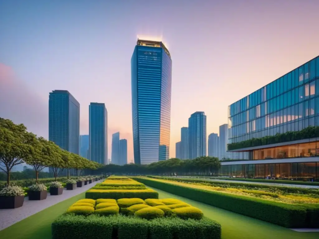 Rascacielos de lujo en metrópolis vibrante al atardecer Inversiones mercado inmobiliario internacional: Rascacielos moderno y lujoso entre exuberante vegetación, reflejando la ciudad al atardecer