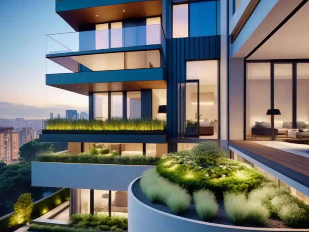 Edificio moderno y lujoso en ciudad vibrante Inversiones en propiedades de alquiler: Edificio moderno rodeado de vegetación, con terraza en la azotea y ventanales de piso a techo