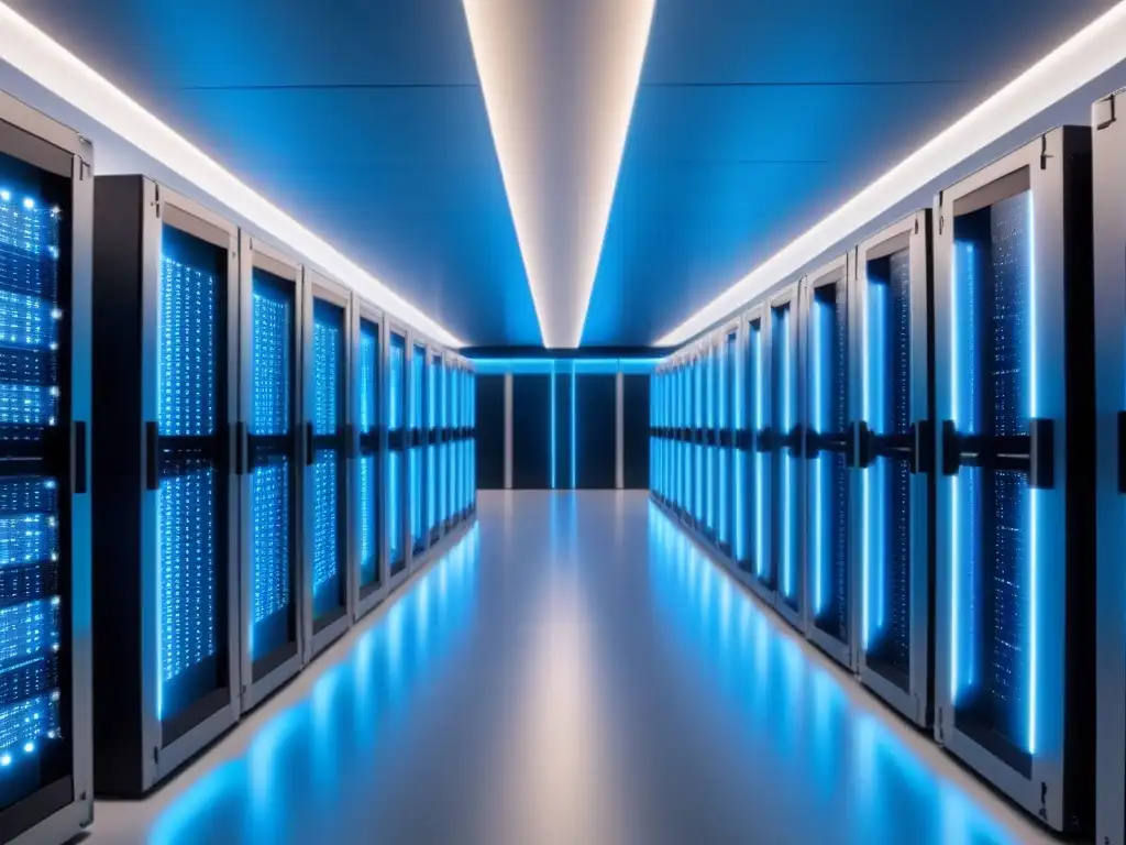 Centro de datos ultramoderno: servidores alineados en ambiente futurista Inversiones en propiedades para infraestructura: Un centro de datos futurista con servidores alineados en un ambiente de ciencia ficción en azul