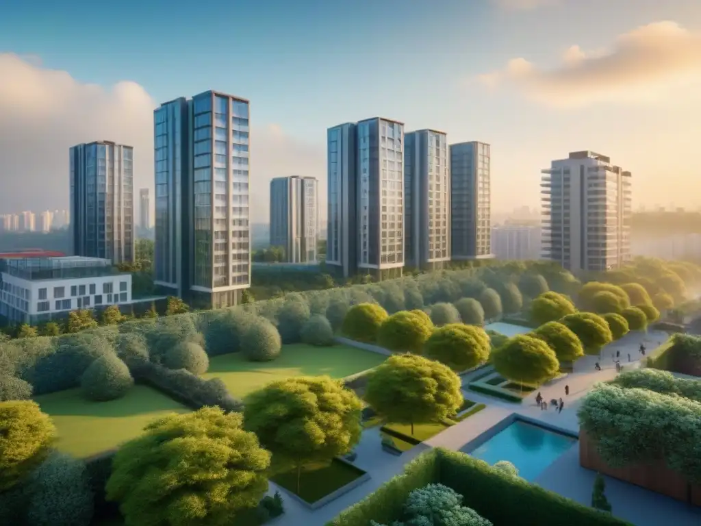 Futuro global: propiedades multifamiliares internacionales en la ciudad Inversiones en propiedades multifamiliares internacionales: Ilustración detallada de edificios internacionales en ciudad moderna