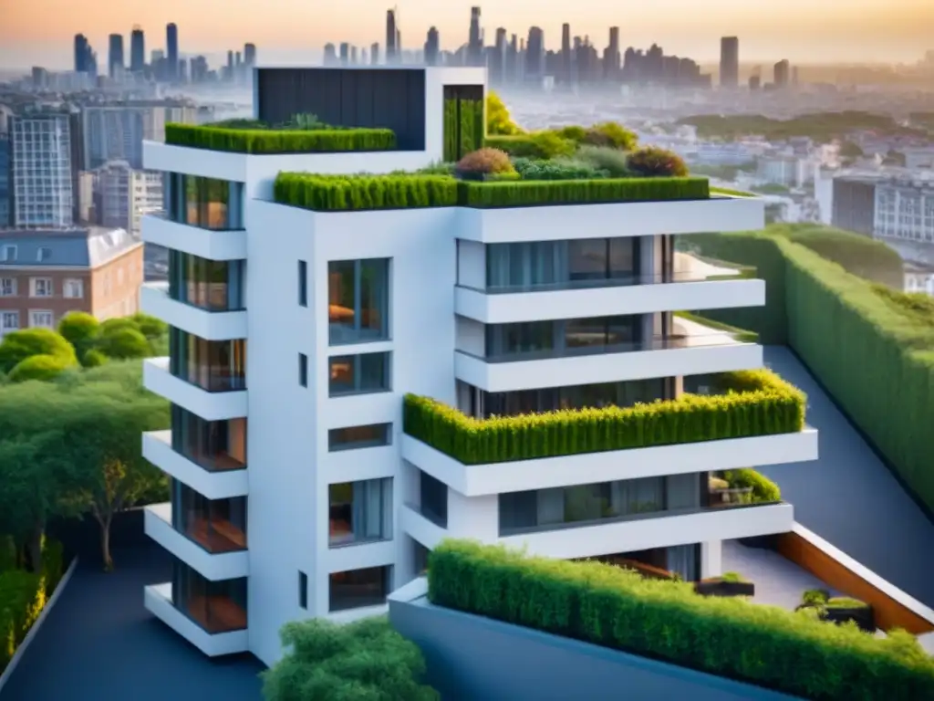Edificio residencial moderno en ciudad internacional Inversiones en propiedades multifamiliares internacionales: Edificio moderno en ciudad vibrante al atardecer