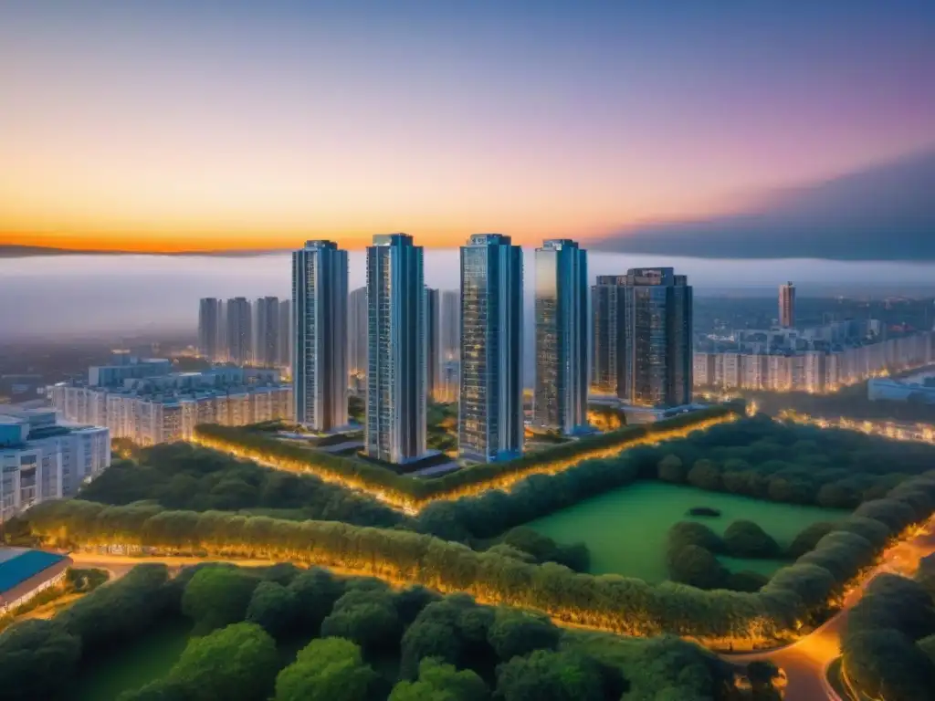 Esplendor urbano: atardecer en modernos rascacielos Inversiones en propiedades multifamiliares internacionales: Atardecer sofisticado en una ciudad urbana llena de rascacielos modernos y vibrantes