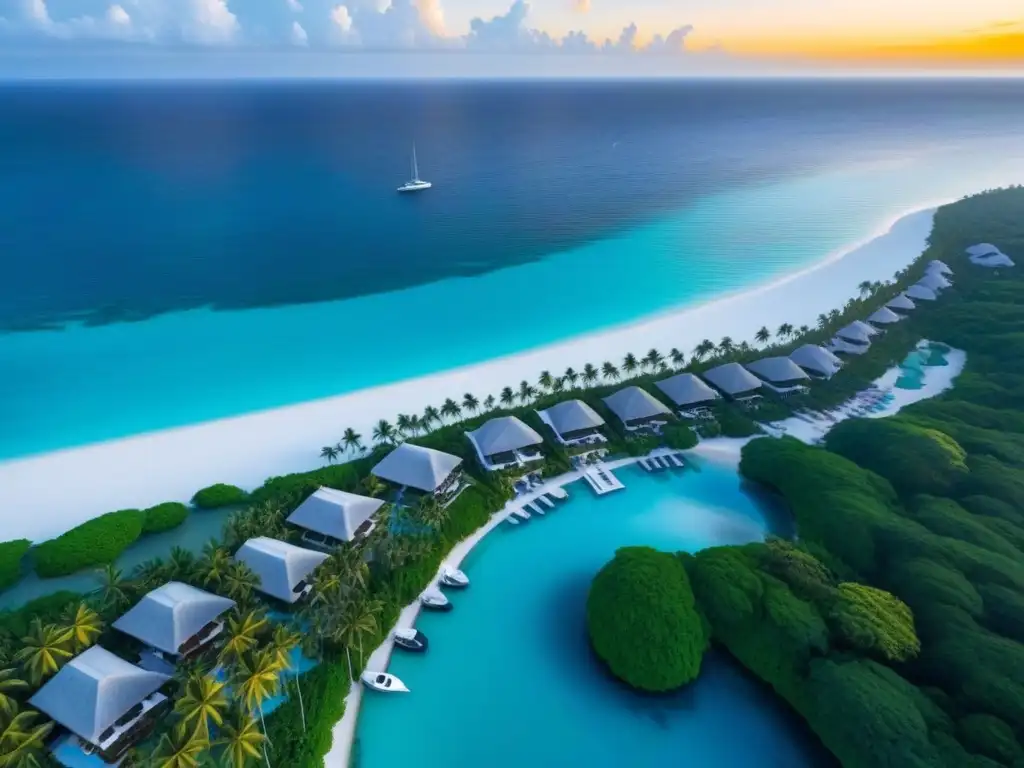 Paraíso tropical: playas de lujo al atardecer Inversiones propiedades vacacionales postCOVID: Atardecer en playa tropical con villas de lujo y yates en el mar