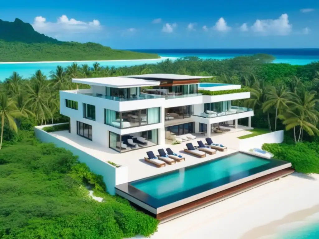 Villa de lujo frente al mar con piscina infinita y diseño moderno Inversiones propiedades vacacionales internacionales: Villa de lujo con piscina infinita y vista al mar turquesa y playa de arena blanca