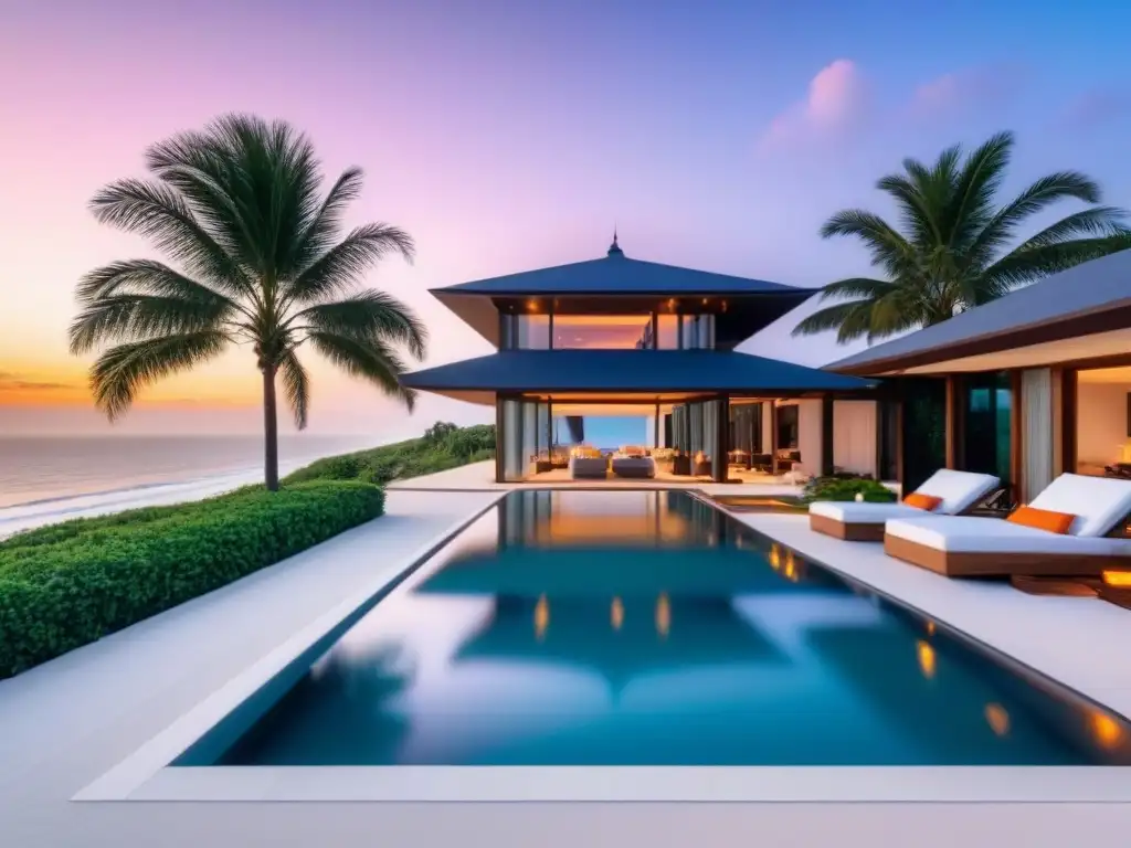 Villa de lujo frente al mar con piscina infinita privada en playa paradisíaca Inversiones propiedades vacacionales postCOVID: lujosa villa frente al mar con ventanales, piscina infinita y atardecer en la playa