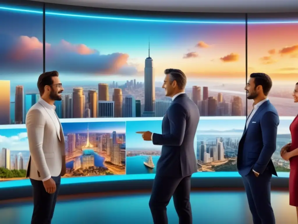 Inversores globales analizan propiedades vacacionales: imagen 8k Inversiones propiedades vacacionales mercado internacional: Grupo diverso de inversores analiza propiedades alrededor del mundo en holograma futurista