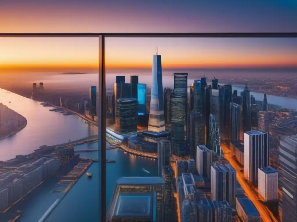 Espectacular skyline urbano al atardecer: PropTech en acción Inversiones PropTech mercado internacional: Ciudad moderna al atardecer, profesionales intercambiando ideas frente a rascacielos futuristas