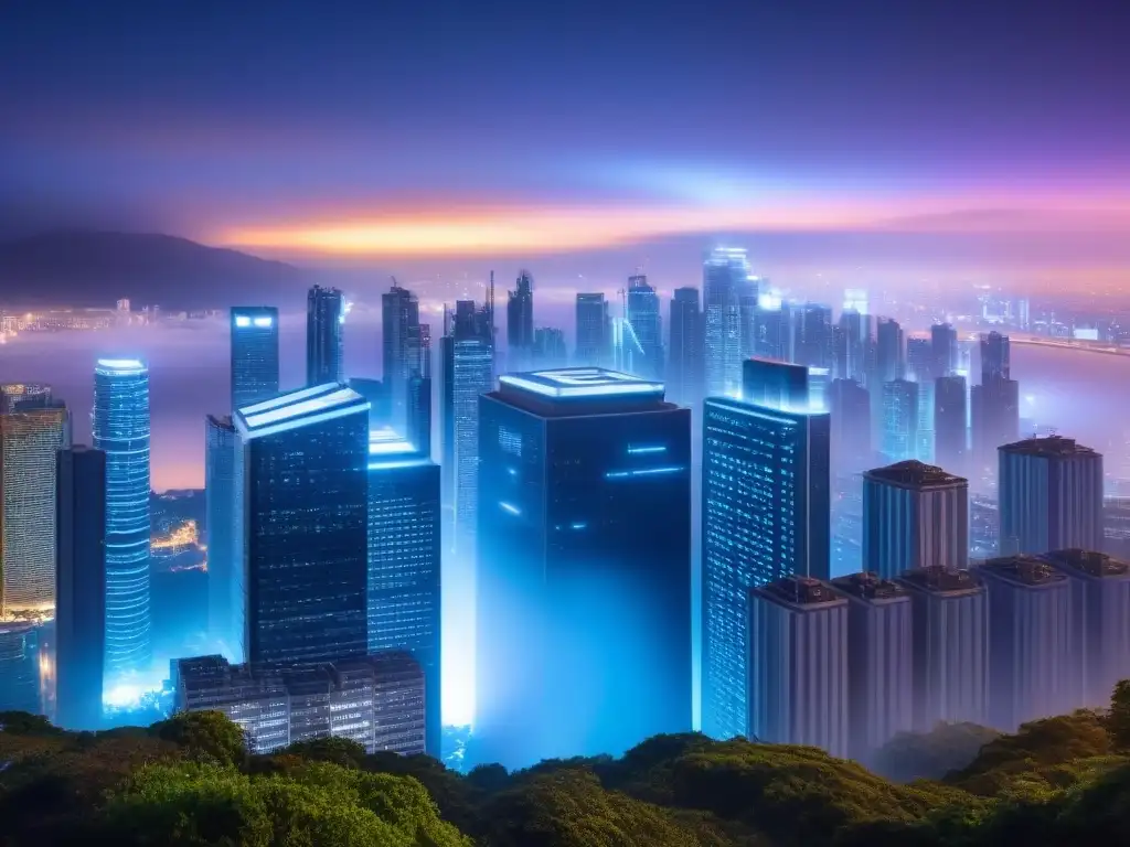 Inversión PropTech: Futuro urbano digital Inversiones PropTech mercado internacional: Ciudad futurista de noche con rascacielos iluminados y datos inmobiliarios en pantallas digitales