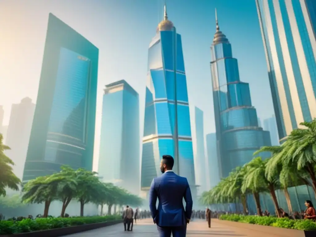 Skyline moderno en mercado emergente: oportunidades REIT Inversiones REITs mercados emergentes: Ciudad moderna y vibrante con rascacielos, naturaleza y profesionales confiados en discusión