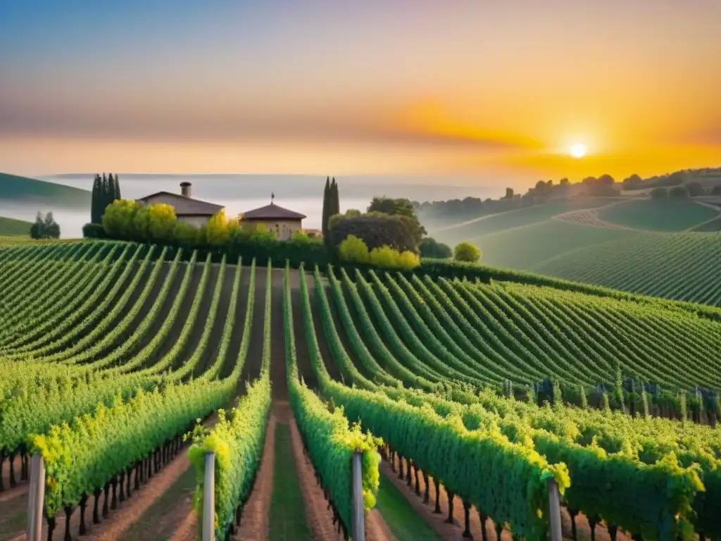 Bodega moderna entre viñedos al atardecer: inversión rentable y sofisticada Inversiones rentables en bodegas: Una bodega moderna al atardecer entre viñedos, reflejando la calidez del sol