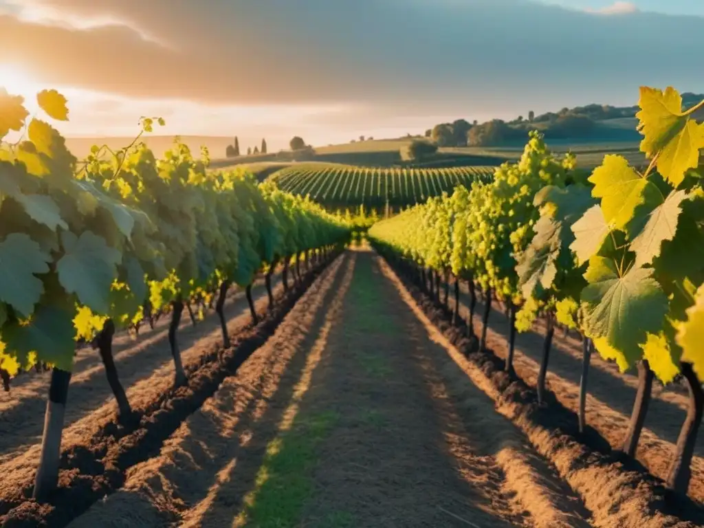 Viñedo de ensueño al atardecer: ¡éxito y prosperidad entre las uvas! Inversiones rentables en bodegas: Bodega moderna al atardecer con viñedos dorados y trabajadores exitosos
