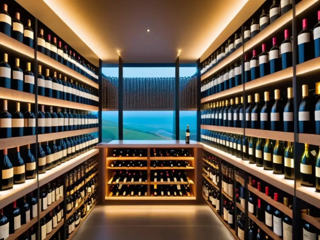 Bodega moderna con vinos premium y viñedos dorados Inversiones rentables en bodegas: lujosa cava con vinos premium organizados en estantes metálicos, iluminada con elegante luz ambiental