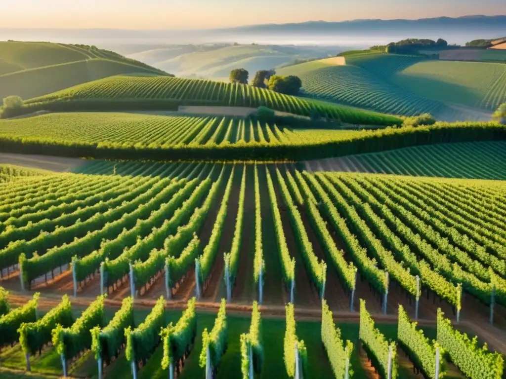 Viñedo exuberante y moderno: vista aérea detallada Inversiones rentables en bodegas: Viñedo exuberante bañado por el sol, con vides verdes y una bodega elegante al fondo
