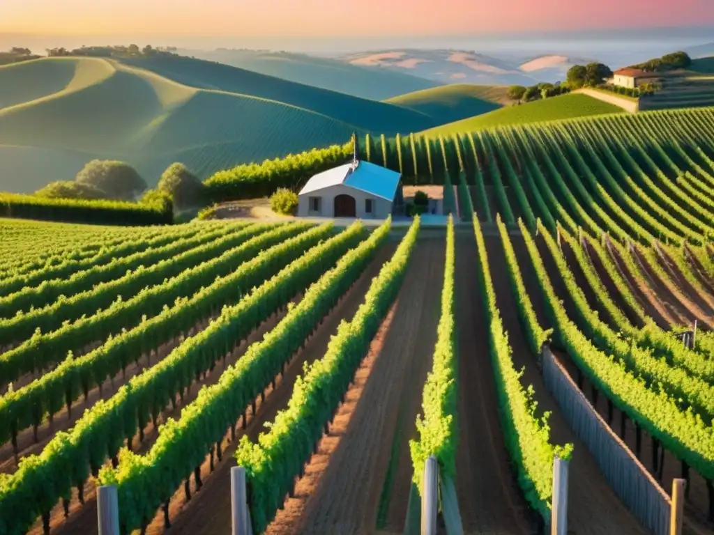 Viñedo dorado: atardecer entre viñedos y arquitectura moderna Inversiones rentables en bodegas: Viñedo exuberante al atardecer con hileras de uvas bajo un cielo de tonos cálidos