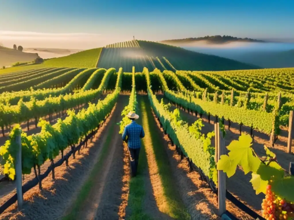Viñedo exquisito al amanecer: meticulosidad y prosperidad Inversiones rentables en bodegas: Viñedo al amanecer con cuidadosa cosecha de uvas bajo un cielo azul