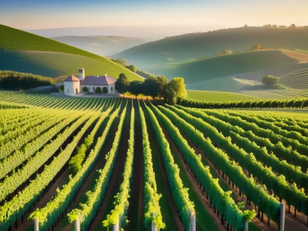 Viñedos dorados: majestuoso atardecer en bodega moderna Inversiones rentables en bodegas: Viñedos verdes interminables bajo el sol poniente, con una bodega moderna en el centro
