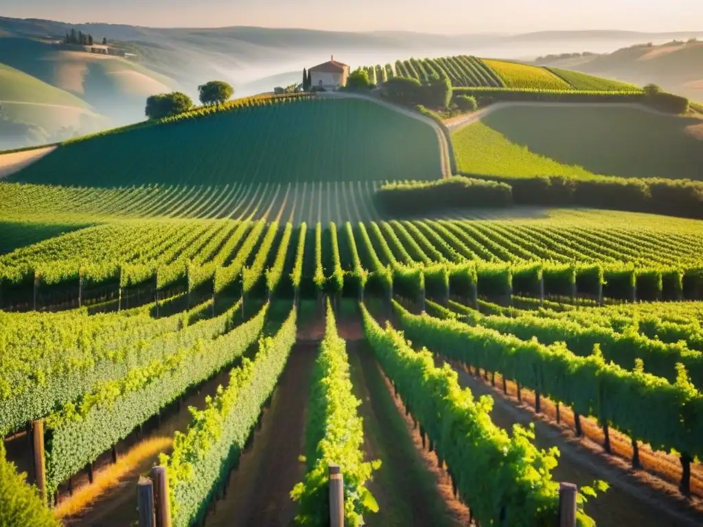 Viñedos dorados: inversión rentable en la industria del vino Inversiones rentables en bodegas: Viñedos verdes bajo el sol poniente, conducen a una bodega moderna en las colinas
