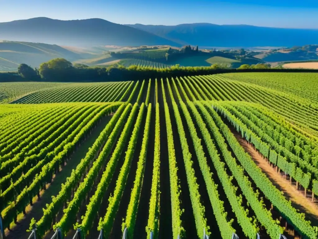 Viñedos prósperos y modernos: inversión lucrativa en la industria del vino Inversiones rentables en bodegas: Viñedos verdes bajo el cielo azul, con luz brillante creando sombras hipnóticas