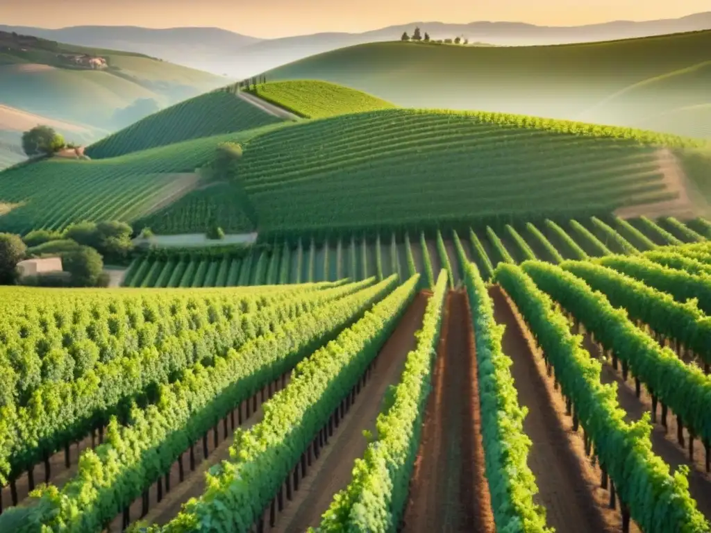 Viñedos prósperos: inversión exitosa en la industria vinícola Inversiones rentables en bodegas: Vista aérea impresionante de viñedos verdes en colinas, con hileras de vides bajo la luz dorada