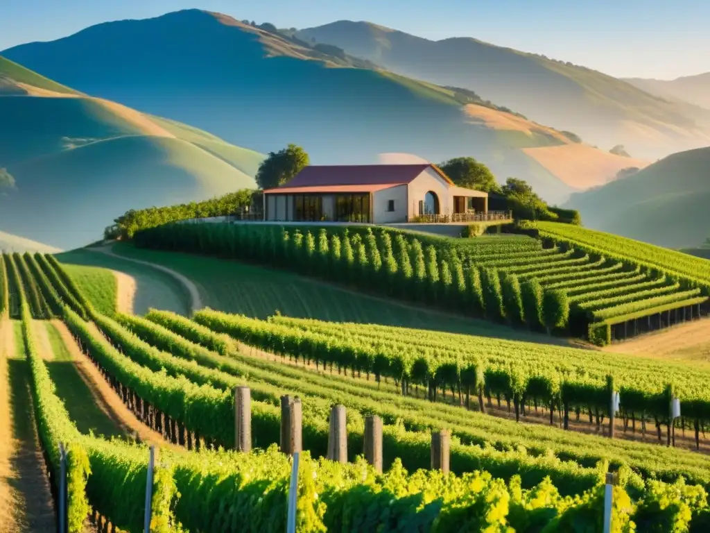 Viñedo moderno y próspero en colinas - Imagen 8k detallada Inversiones rentables en bodegas: Vista panorámica de una moderna bodega y viñedo en colinas verdes bajo el cielo azul