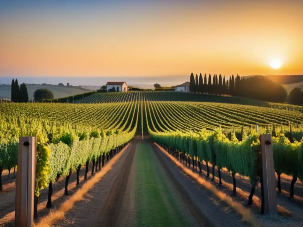 Vinedos modernos al atardecer: lujo y elegancia Inversiones rentables en viñedos internacionales: Atardecer dorado en una moderna finca de viñedos, con catadores disfrutando