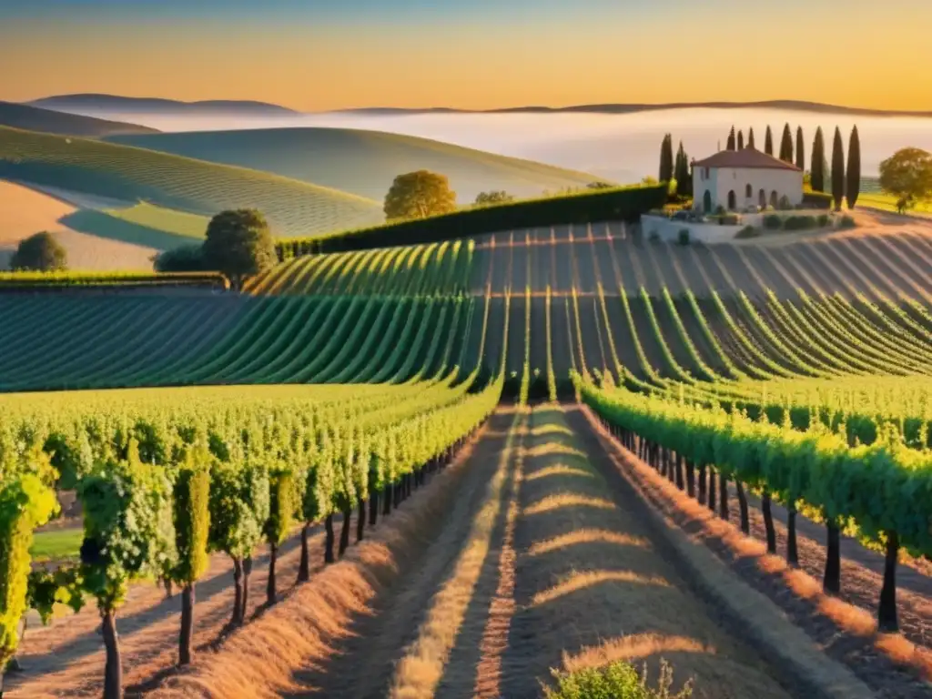 Paisaje de viñedo al atardecer: inversión rentable y belleza natural Inversiones rentables en viñedos internacionales: Viñedo al atardecer con trabajadores cosechando uvas