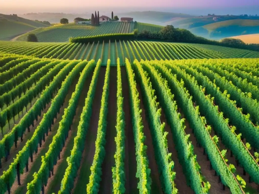 Viñedos en la puesta de sol: Paisaje sereno de uvas verdes y púrpuras Inversiones rentables en viñedos internacionales: viñedos exuberantes bajo el cálido sol del atardecer, transmitiendo tranquilidad y abundancia