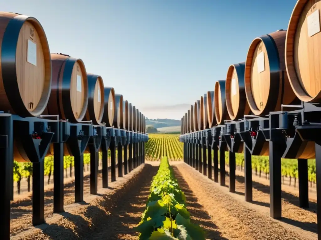 Viñedo moderno y próspero en paisaje idílico Inversiones rentables en viñedos internacionales: Una bodega moderna en medio de viñedos bajo un cielo azul