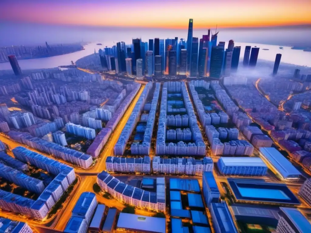Horizonte urbano en una economía emergente Inversiones residenciales en economías emergentes: Una vista aérea impresionante de una ciudad vibrante al atardecer