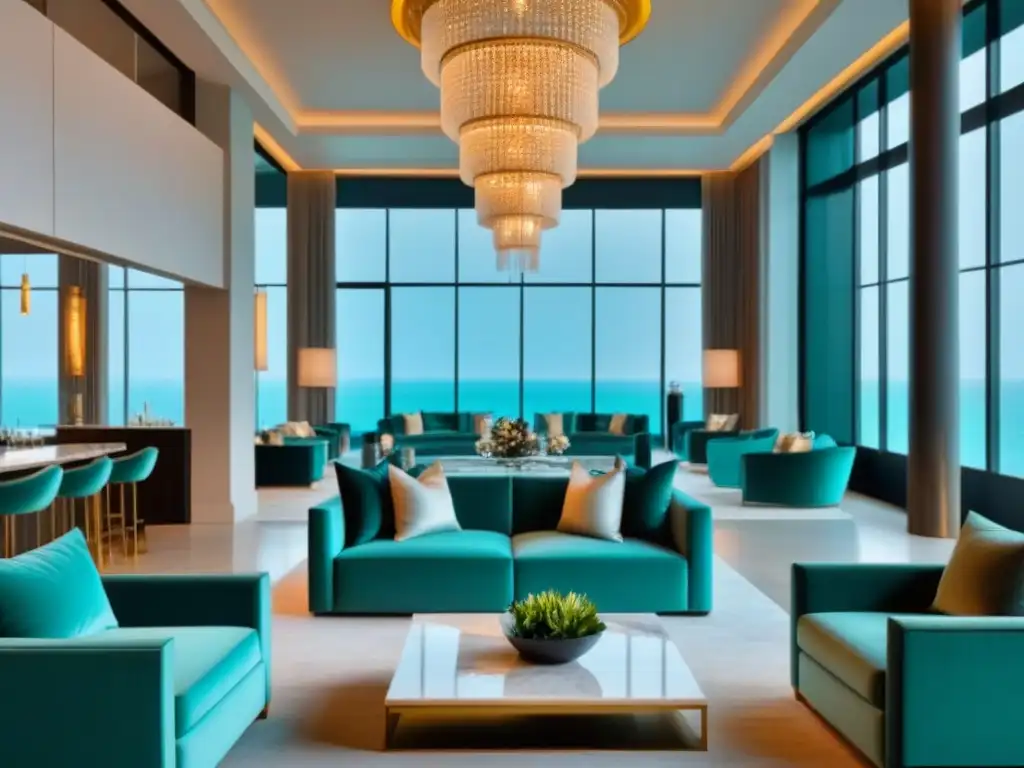 Exclusivo lobby de resort moderno: lujo y sofisticación junto al mar Inversiones en resorts de tiempo compartido: Lobby de lujo con diseño elegante y vista al mar turquesa