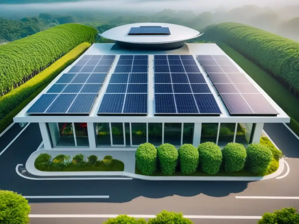Centro comercial sostenible: modernidad entre vegetación y energía solar Inversiones sostenibles en centros comerciales: Centro comercial contemporáneo rodeado de vegetación, paneles solares y estaciones de carga para vehículos eléctricos