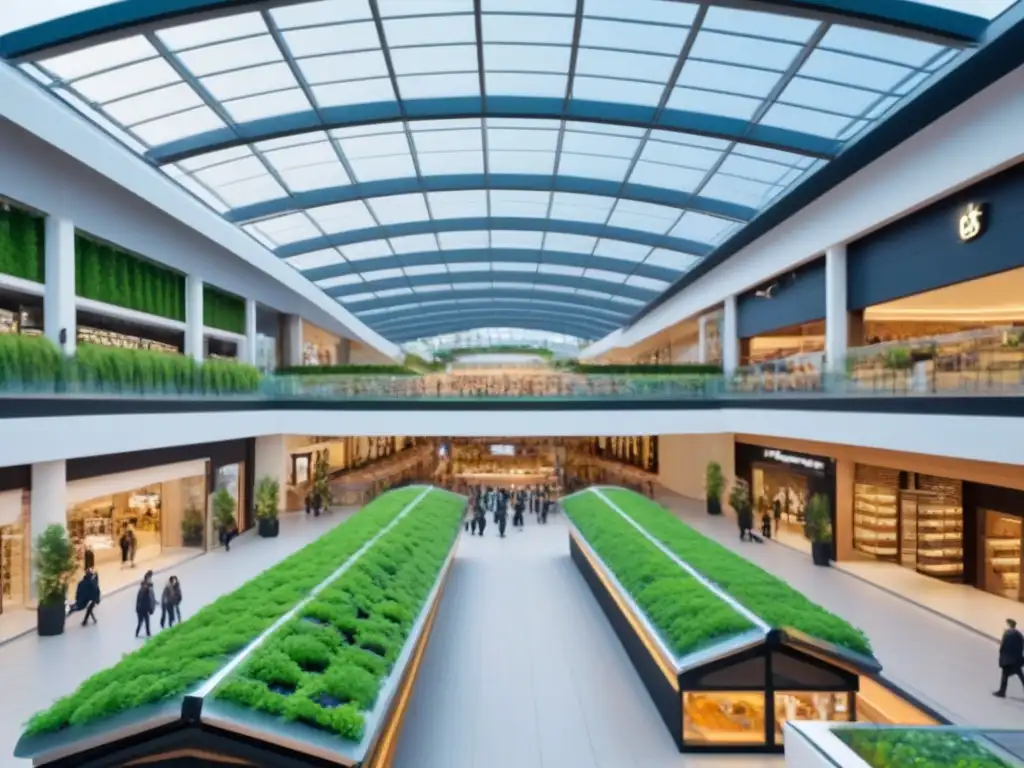 Centro comercial verde: el futuro sostenible de las compras Inversiones sostenibles en centros comerciales: Techo verde en mall moderno con paneles solares y compradores diversos