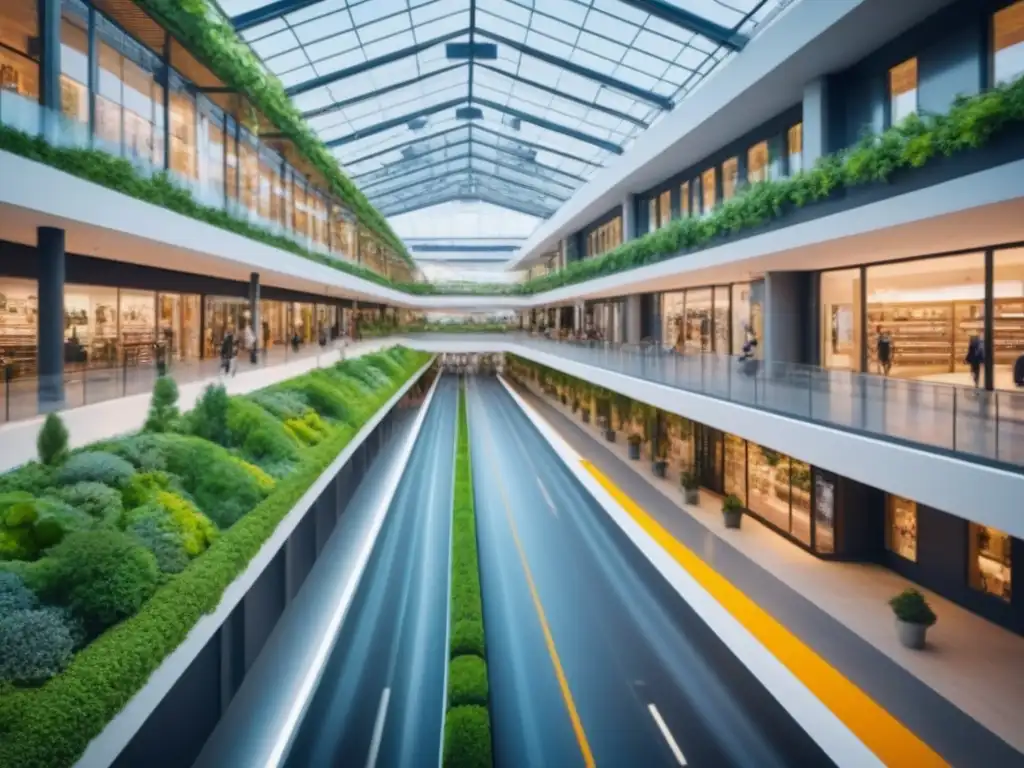 Diseño ecofriendly de centro comercial con energía solar y jardines verdes Inversiones sostenibles en centros comerciales: Diseño moderno y ecológico con características sustentables y entorno verde