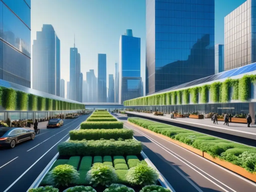 Metrópolis futurista: infraestructura verde en ciudad vibrante Inversiones sostenibles en ciudades verdes: paisaje urbano futurista con infraestructura verde integrada, vehículos eléctricos y paneles solares