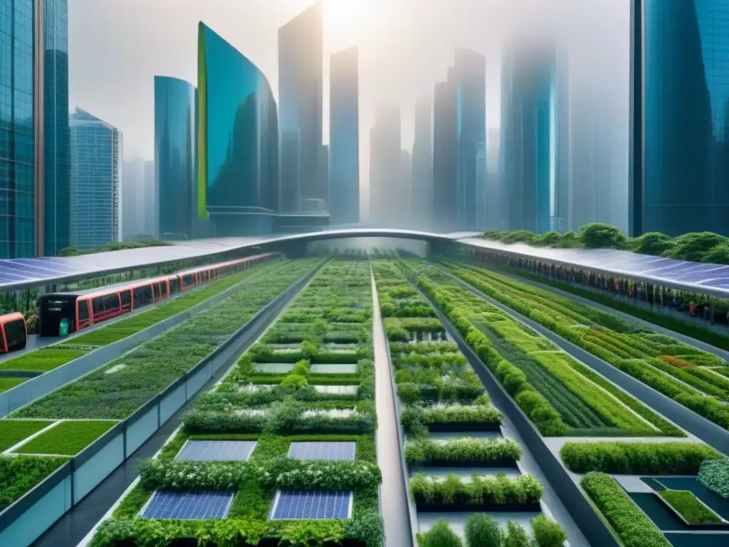 Metrópolis futurista con rascacielos verdes y parque sostenible Inversiones sostenibles en ciudades verdes: Vista futurista de rascacielos verdes con jardines verticales y parque urbano vibrante